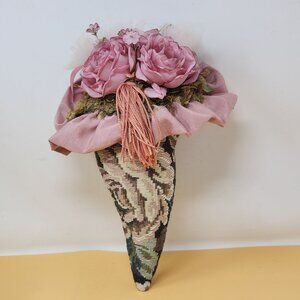 Vintage Musical Floral Tapestry Wall Cone With Pink‎ Fabric Roses & Tassel Decor